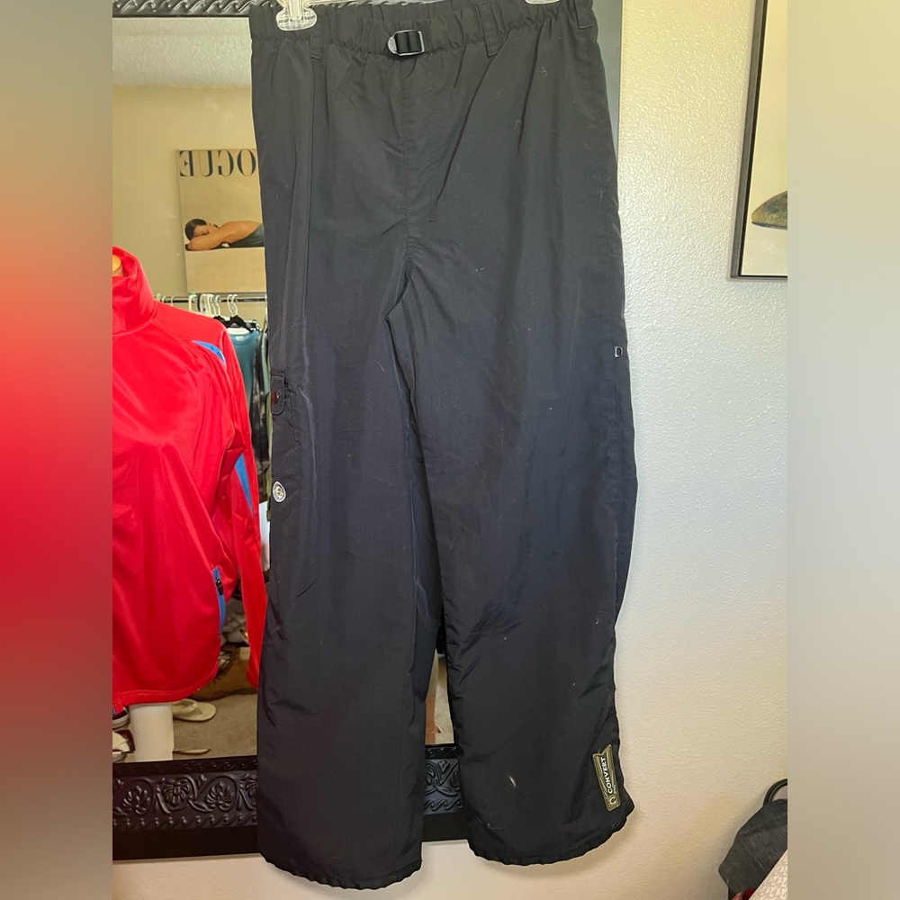 Columbia 2000’s retro, black with green strip snow pants. These a light & warm!